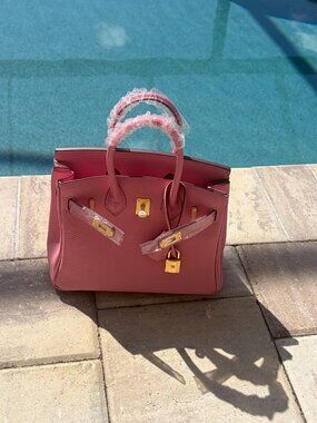 Pink Genuine Leather 25cm Satchel Handbag – Gold Hardware